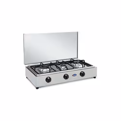 Fornello a gas a 3 fuochi in acciaio inox, con piano estraibile, con coperchio, bruciatori in lega Pyral N2, spartifiamma sma ...