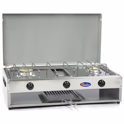 Fornello a gas a 3 fuochi, con piano in acciaio inox, coperchio blu e fianchi verniciati grigi, bruciatori in lega Pyral N2,  ...