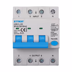 Dispositivo magnetotermico differenziale RCBO di tipo A con curva C, progettato per la protezione dei circuiti trifase da sov ...