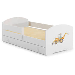 Dmora - Letto per bambini Gorio, Lettino per cameretta, Set camera da letto, Struttura porta materasso, 85x164 h63 cm, Bianco con Escavatore