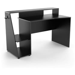 Dmora - Scrivania Ampil, Scrittoio da gaming, Tavolo per ufficio porta pc, Piano di lavoro, 138x67 h94 cm, Grigio scuro e Nero