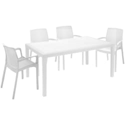 Set salotto da esterno Lograto, Salottino outdoor e indoor, Tavolo rettangolare fisso con 4 sedie impilabili, Made in Italy, Bianco - Dmora