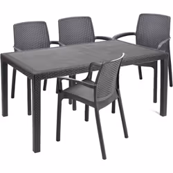 SET SALOTTO DA ESTERNO - Salottino outdoor e indoor, Tavolo rettangolare fisso con 4 sedie impilabili, Made in Italy, Antraci ...