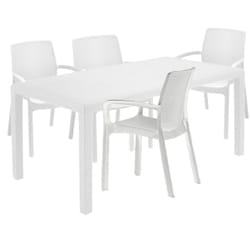 Set salotto da esterno Sover, Salottino outdoor e indoor, Tavolo rettangolare fisso con 4 sedie impilabili, Made in Italy, Bianco - Dmora