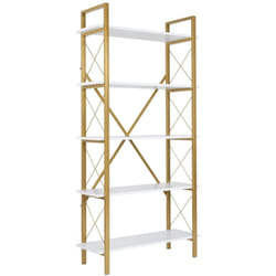 Libreria Suriel, Scaffale da ufficio, Mobile portalibri, Biblioteca, 90x34 h180 cm, Bianco e Oro - Dmora