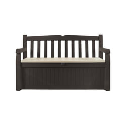 Cassapanca in resina con finitura effetto legno, marrone con seduta beige 140x60xh.84 cm