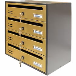 Cassetta Postale 4 Posti Aulbox SPECIFICHE: Mod. CUBO/R Art. C 4 R/O Corpo in lamiera elettrozincata Serratura a cilindro Con ...