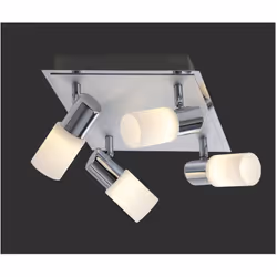 Il faretto CLAPTON di Trio Lighting è composta da una piastra quadrata in metallo e 5 spot a cono in vetro opaco bianco spazz ...