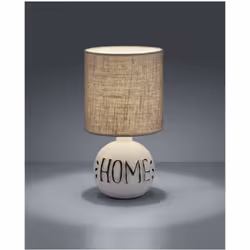 La lampada da tavolo ESNA di Trio Lighting presenta una base rotonda in ceramica finitura sabbia decorata con la scritta "Hom ...
