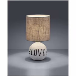 La lampada da tavolo ESNA di Trio Lighting presenta una base rotonda in ceramica finitura sabbia decorata con la scritta "LOV ...