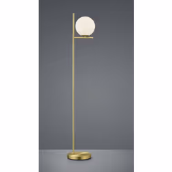 La lampada da terra PURE di Trio Lighting è composta da una base rotonda finitura ottone satinato, asta lineare e sfera in ve ...