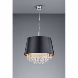 La lampada a sospensione LORELEY di Trio Lighting presenta rosone e catena in metallo cromato, paralume rivestito in stoffa n ...