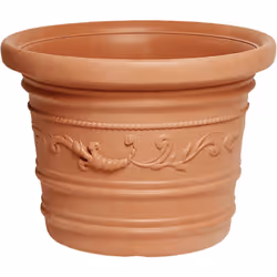 In resina resistente agli agenti atmosferici color terracotta, fantasia festonata. Senza sottovaso.