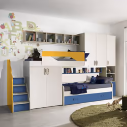 Cameretta soppalco Milly con 3 letti colore kiri avio giallo La cameretta soppalco Milly è la soluzione ideale per ottimizzar ...