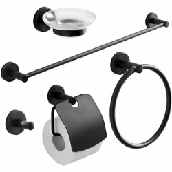 Set di 5 accessori bagno a muro nero opaco Il set di accessori bagno da 5 pezzi si caratterizza per una finitura nera opaca e ...