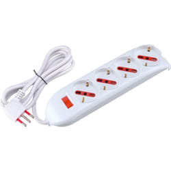 Rosi - Multipresa con spina 10A piegata a 90°, 4 prese bipasso/schuko 10A/16A, cavo 1,5 metri, con interruttore, bianco, serie Emilia RS94060T