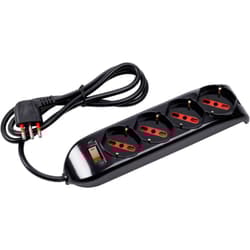 Multipresa con spina 10A piegata a 90°, 4 prese bipasso/schuko 10A/16A, cavo 1,5 metri, con interruttore, nero, serie Emilia - Rosi RS94073T