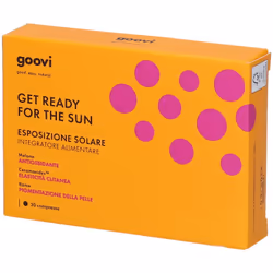 Goovi Get Ready for the Sun è un integratore alimentare che prepara la pelle all'esposizione solare. Contiene Melone, Ceramos ...