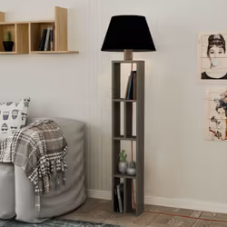 Lampada da terra in legno con libreria e paralume nero 45x45x163,5 cm Giorno lampada da terra in legno con libreria e paralum ...