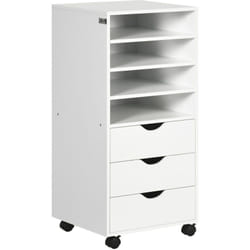 Cassettiera da Ufficio con 4 Ruote 4 Ripiani 3 Cassetti, Legno Bianco - Vinsetto