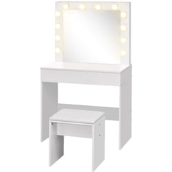 Set Tavolo da Trucco con Specchio 12 Luci led e Sgabello in Legno Bianco - Homcom