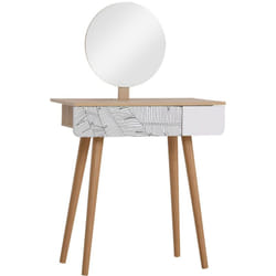 HOMCOM Tavolo da Trucco con Specchio Circolare e Cassetto, Bianco e Rovere