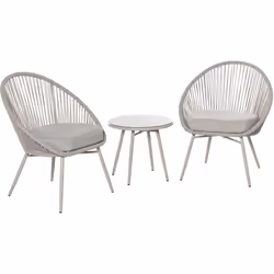Descrizione: Con il suo stile sobrio e confortevole questo set da 3 pezzi tavolino con sedie da giardino è quello che serve n ...