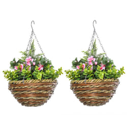 Outsunny - Set di 2 Piante Artificiali Lisianthus con Vaso in Vimini e Catenella