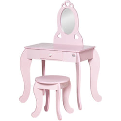 Homcom - Toeletta per Bambini e Sgabello in Legno Rosa con Specchio e Cassetto