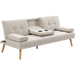 Homcom - Divano Letto 3 Posti Schienale Reclinabile con Tavolino a Ribalta Beige