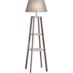 Homcom - Lampada da Pavimento in Legno con Paralume in Tessuto e 3 Ripiani Grigio