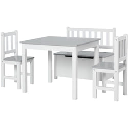 Homcom - Set Tavolino per Bambini 2 Seggiole e Cassapanca in Legno Bianco e Grigio