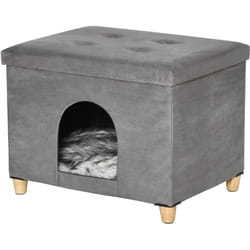 PawHut Casetta per Gatti Pouf Poggiapiedi con Cuscino Rimovibile Grigio