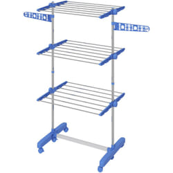 Homcom - Stendibiancheria Verticale 3 Ripiani in Acciaio Pieghevole con Ruote Blu