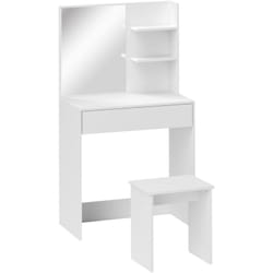 Homcom - Toeletta da Camera con Specchio e Sgabello in Truciolato Bianco