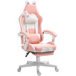 Homcom - Sedia Gaming con Orecchie da Gatto, Poggiapiedi e Cuscino Lombare Rosa