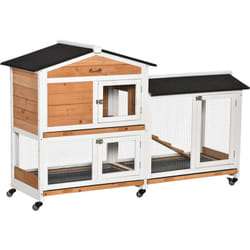 PawHut Conigliera in Legno a 2 Livelli con Rete Protettiva 157.4x53x99.5 cm