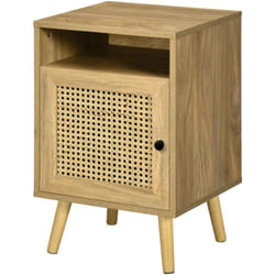 Homcom - Comodino in Legno e Rattan Stile Boho con Armadietto e Ripiano Aperto