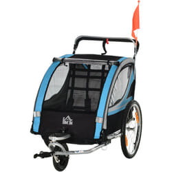 Homcom - Passeggino e Rimorchio Bici Bambini 2 in 1 con Tasche e Bandierina Blu