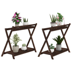 Outsunny - Set 2 Porta Fiori 2 Livelli a Doghe in Legno di Abete Marrone Bruciato