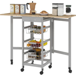 Carrello Portavivande con 3 Cestini, Cassetto e 2 Ribalte Grigio e Rovere - Homcom