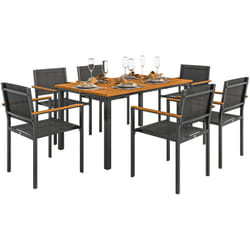 Outsunny - Set da Esterno con Tavolo da Pranzo e 6 Sedie Impilabili Teak