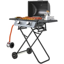 Barbecue a Gas Coperchio e Termometro, 2 Bruciatori, 2 Tavolini Nero - Outsunny