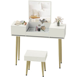 Homcom - Set Tavolo da Trucco con 3 Cassetti e Specchio con Sgabello Bianco