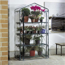 Serra da terrazza balcone da 3 o 4 ripiani con struttura in acciaio e copertura in pvc 65 gr Brixo 3 ripiani L69xP49H125 cm