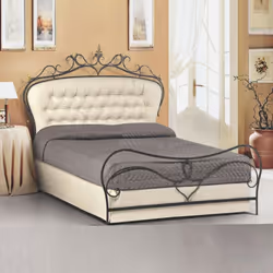 Letto matrimoniale in ferro battuto con testiera imbottitura in ecopelle panna Modello Giotto verniciato color antracite con  ...