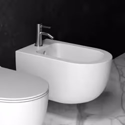 Bidet sospeso interamente in ceramica finitura bianco opaco. Il sanitario è munito di Aliglaze+, smalto antibatterico per una ...