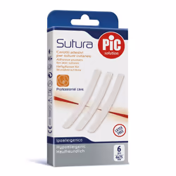 Pic cerotti sutura 6x75mm è una medicazione adesiva sterile adatta per ferite da taglio o chirurgiche. Favorisce la cicatrizz ...