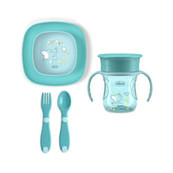 Chicco Set Pappa Neonato con Piattino, Posate e Bicchiere - 12 Mesi - Azzurro