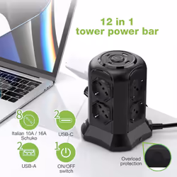 Techly Multipresa da Tavolo a Torretta Salvaspazio 8 Posti Italiana Bipasso / Schuko 2 USB-A e 2 USB-C - Vista aggiuntiva 6